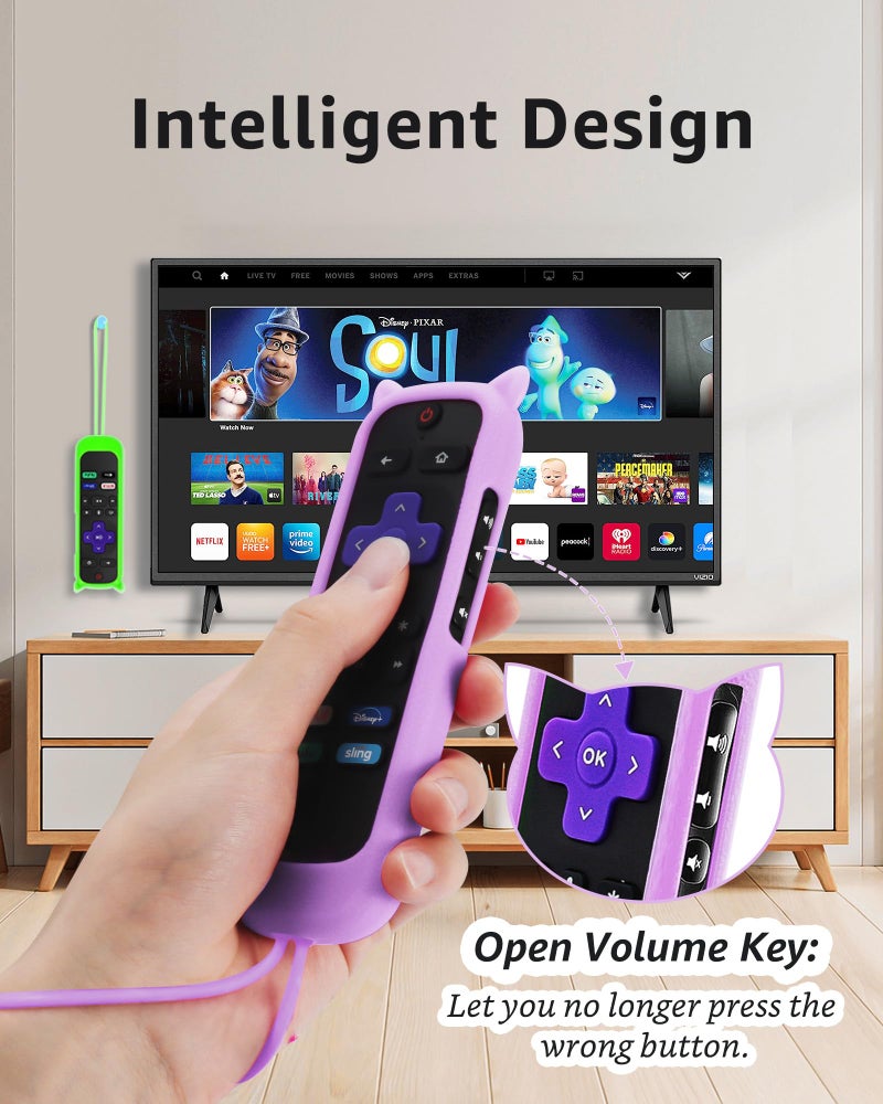 OneBom 2Pack ONEBOM Cover for Roku Remote with Cat Ears Design, Silicone Skin Case Compatible with Hisense/TCL Roku TV, Steaming Stick/Express, Universal Replacement Controller. Glow in the Dark,Green/Purple - Image 4