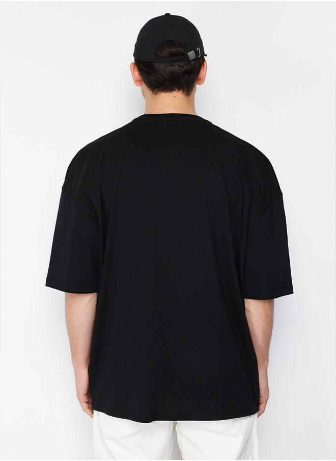 trendyol Black Oversize/Wide Cut Short Sleeve Landscape Embroidered 100% Cotton T-Shirt  - Image 2