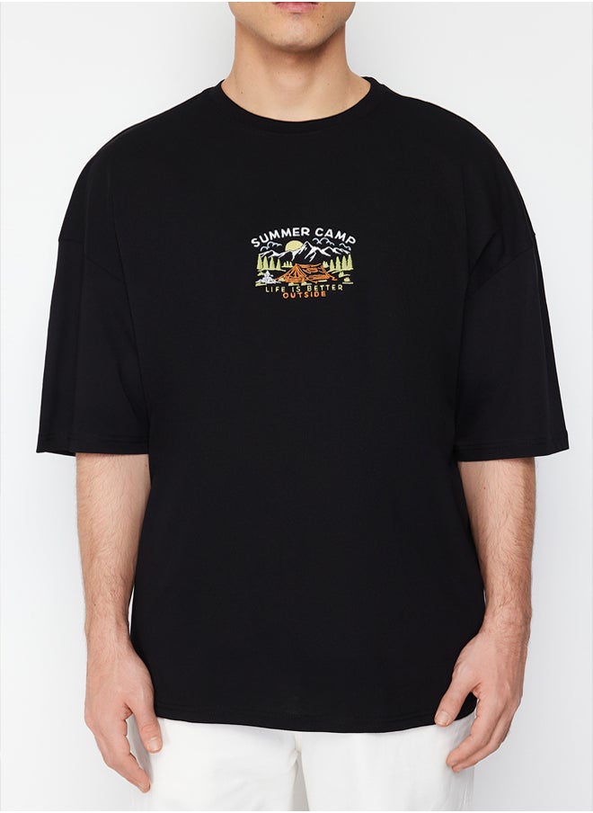 trendyol Black Oversize/Wide Cut Short Sleeve Landscape Embroidered 100% Cotton T-Shirt  - Image 5