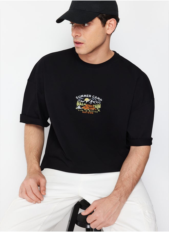 trendyol Black Oversize/Wide Cut Short Sleeve Landscape Embroidered 100% Cotton T-Shirt  - Image 3