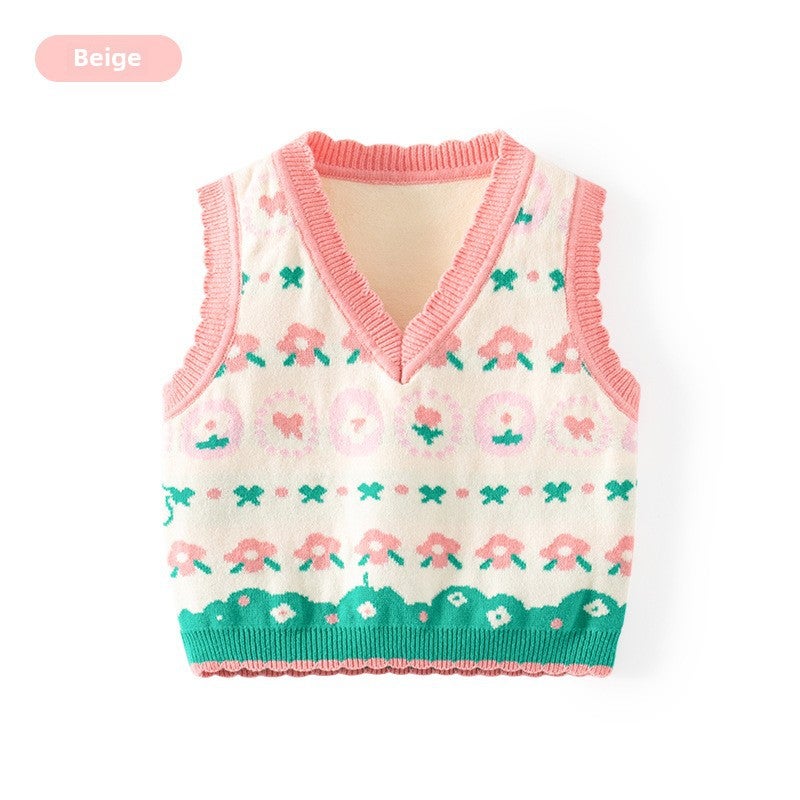 Cute Floral Knit Cotton Childrens Vest for Spring Off-White-PB608 