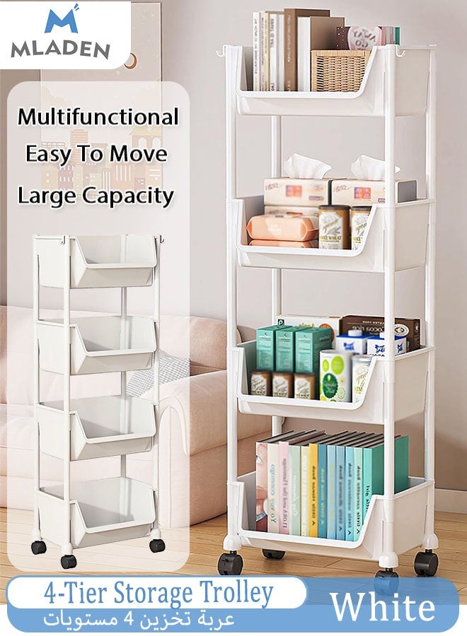 MLADEN عربة مدفوعة من 4 طبقات مع عجلات قابلة للقفل ، فائدة بلاستيكية أسطوانة سلة البليت تخزين العربة عربة عربة المطبخ غرفة المعيشة مكتب (أبيض) - Image 1