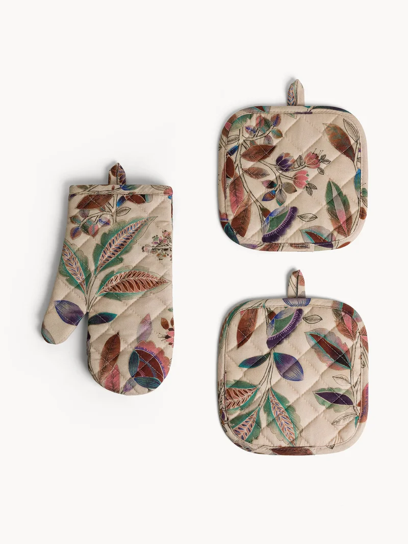 كوينكاسا Coincasa-Set Of 3 - 2 Pot Holders And 1 Kitchen Glove In Cotton Panama Flower Print-Multicolor