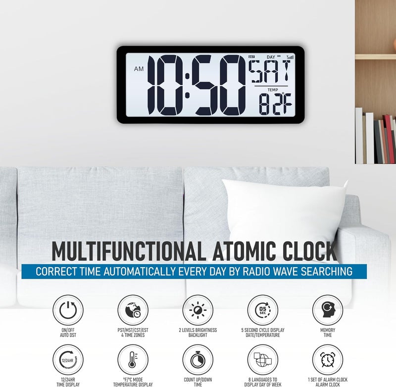 TXL Atomic Clock with Backlight, 14.2" Large Digital Wall Clock Battery Operated, Digital Clock Large Display with Day, Date & Temperature, Large Wall Clock for Bedroom, Livingroom, Office - Image 2