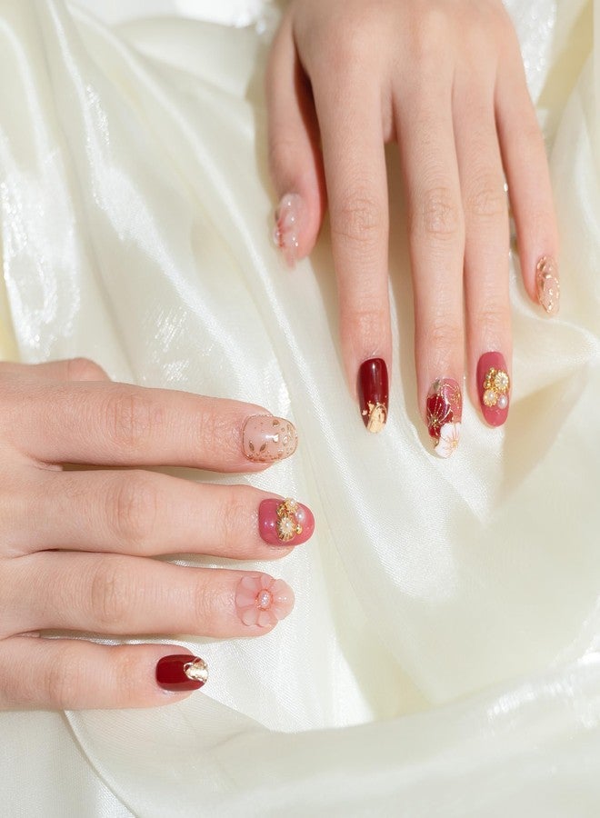 Sun&Beam Nails Handmade Press-on Short Oval Red Pink Gold 3D Flower Japanese Design Fashion False Nail Tips 10 Pcs Set (#210 M) - Image 2