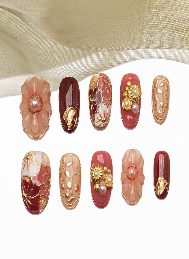 Sun&Beam Nails Handmade Press-on Short Oval Red Pink Gold 3D Flower Japanese Design Fashion False Nail Tips 10 Pcs Set (#210 M) - Image 1