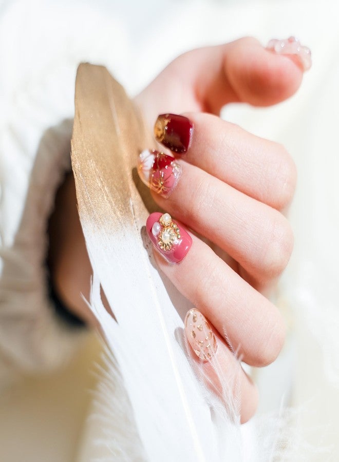 Sun&Beam Nails Handmade Press-on Short Oval Red Pink Gold 3D Flower Japanese Design Fashion False Nail Tips 10 Pcs Set (#210 M) - Image 3