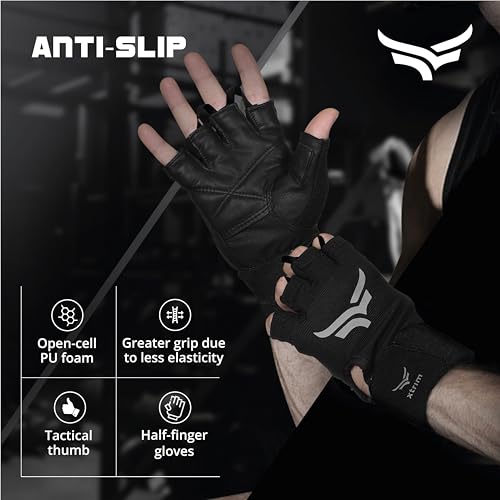 XTRIM xMacho Pro Leather Gym Gloves for Men & Women (XL, Fits 8.5-9.5 inches),with Wrist Support for Weightlifting, Hand Exercise Gloves with Half-Finger Length for Gym Workout (Grey-Black) - Image 4