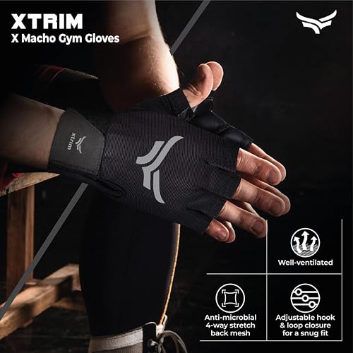 XTRIM xMacho Pro Leather Gym Gloves for Men & Women (XL, Fits 8.5-9.5 inches),with Wrist Support for Weightlifting, Hand Exercise Gloves with Half-Finger Length for Gym Workout (Grey-Black) - Image 2