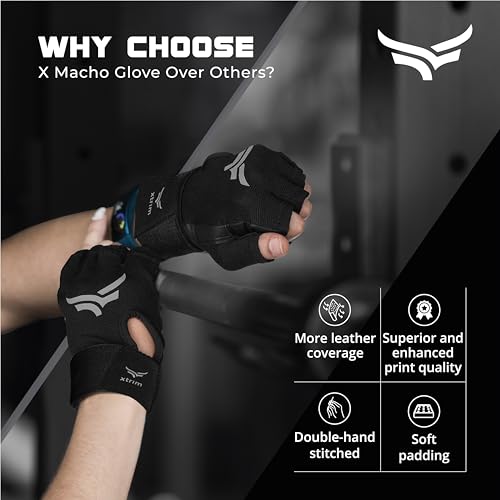 XTRIM xMacho Pro Leather Gym Gloves for Men & Women (XL, Fits 8.5-9.5 inches),with Wrist Support for Weightlifting, Hand Exercise Gloves with Half-Finger Length for Gym Workout (Grey-Black) - Image 5