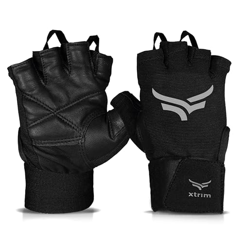 XTRIM xMacho Pro Leather Gym Gloves for Men & Women (XL, Fits 8.5-9.5 inches),with Wrist Support for Weightlifting, Hand Exercise Gloves with Half-Finger Length for Gym Workout (Grey-Black) - Image 1