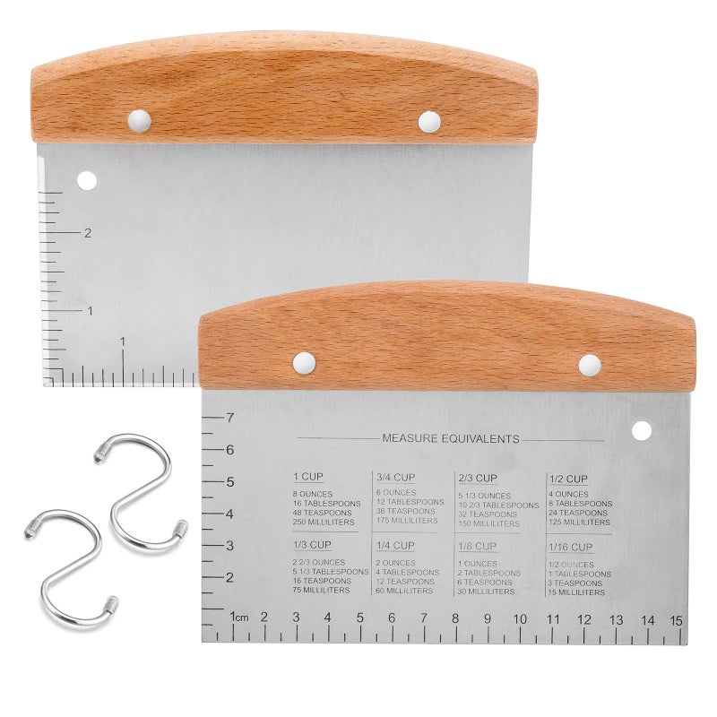 Bench Scraper Set of 2 HaSteeL Metal Dough Scraper Cutter Pastry Chopper with Wooden Handle Heavy Duty Stainless Steel Griddle Scraper with Measuring Marks for Cooking Baking Grilling