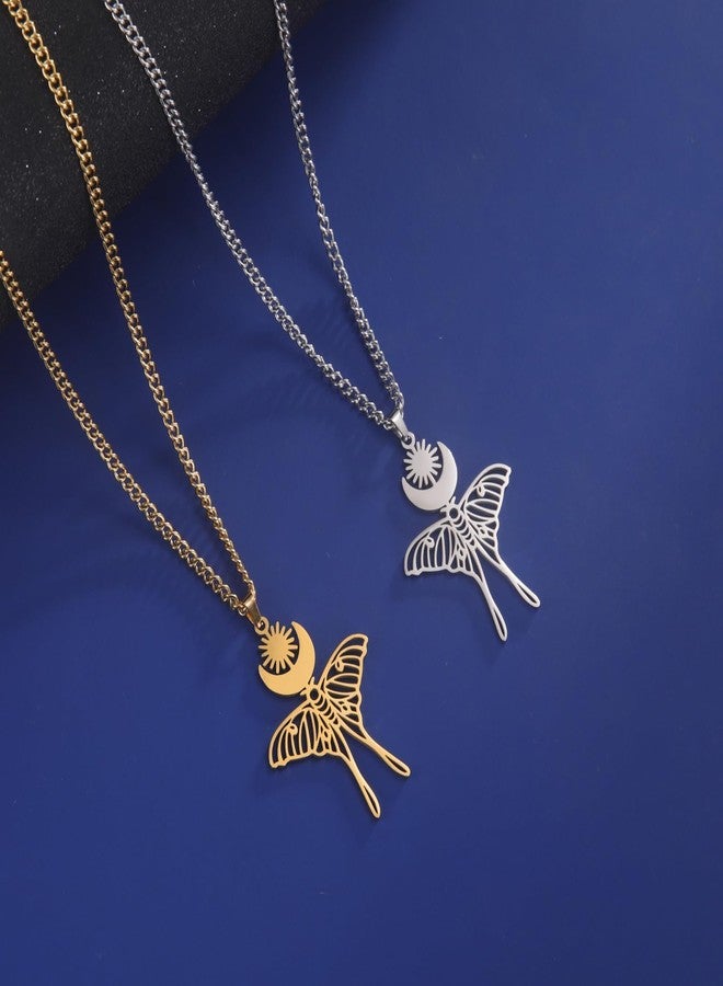 VASSAGO Moth Butterfly Pendant Necklace Earrings Sun Moon Moth Butterfly Necklace Luna Moth Phase Pendant Astronomical Insect Jewelry for Women Men, Stainless Steel - Image 5