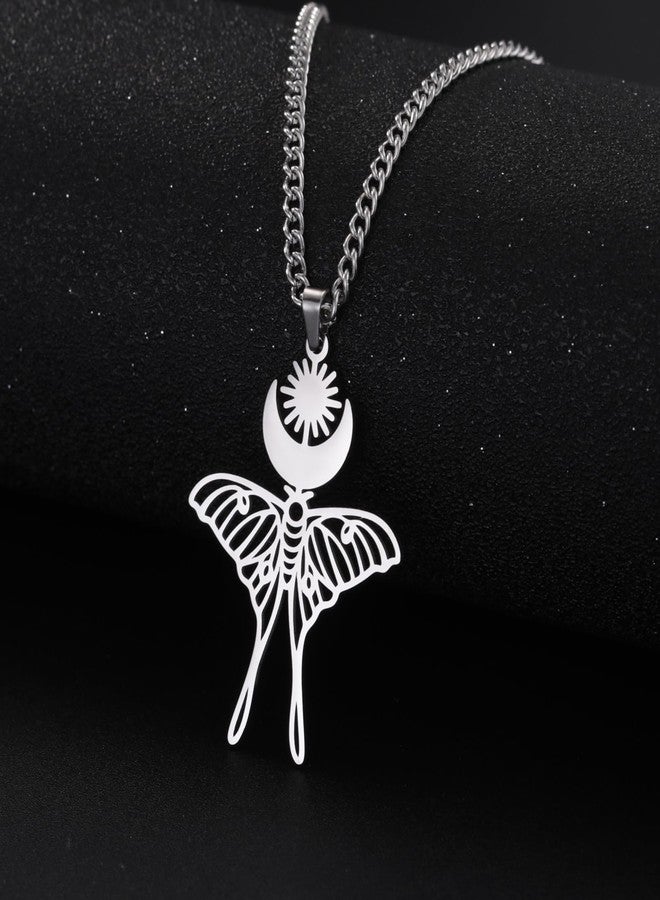VASSAGO Moth Butterfly Pendant Necklace Earrings Sun Moon Moth Butterfly Necklace Luna Moth Phase Pendant Astronomical Insect Jewelry for Women Men, Stainless Steel - Image 2