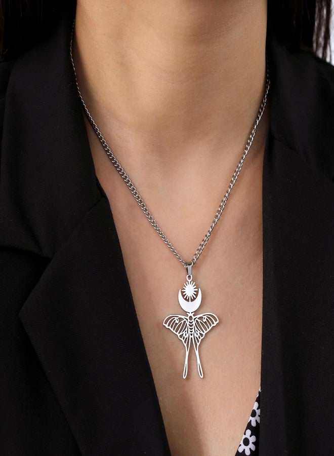 VASSAGO Moth Butterfly Pendant Necklace Earrings Sun Moon Moth Butterfly Necklace Luna Moth Phase Pendant Astronomical Insect Jewelry for Women Men, Stainless Steel - Image 3