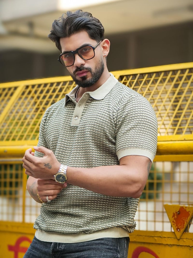Maniac Mens Grid Textured Green & Beige Polo Neck Half Sleeve Cotton Tshirt - Image 3