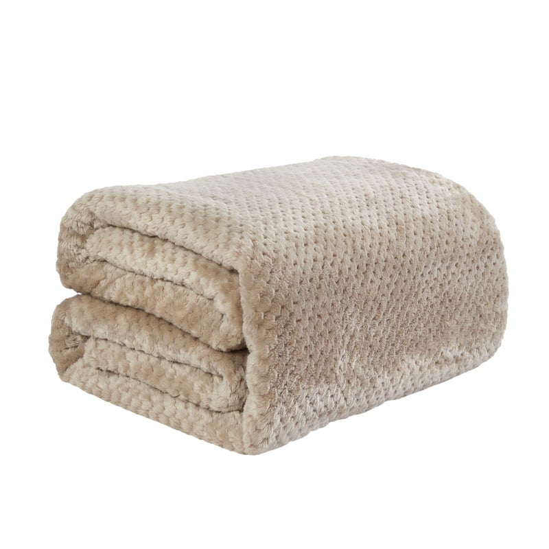 Dreamscene Beige Throw for Sofa Soft Cosy Warm Honeycomb Waffle Mink Faux Fur Fleece Throw Blanket for Bed Single Bed Throws Lightweight Fluffy Fleece Blanket 125 x 150cm