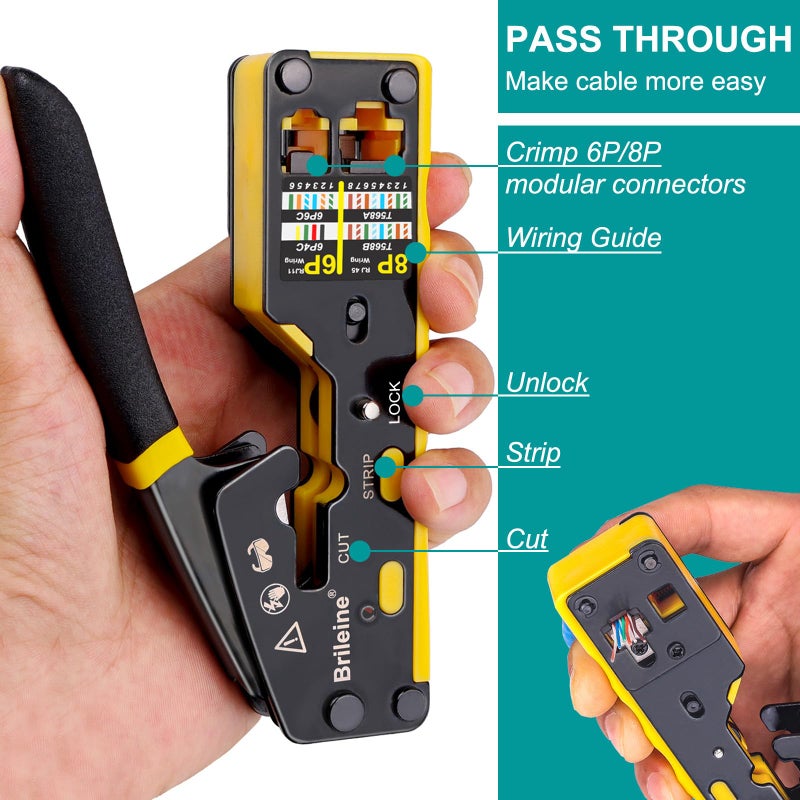 Brileine RJ45 Crimp Tool Pass Through Crimper for RJ45 Connectors / Cat6 Cat6a Cat5 Cat5e Connector Ethernet Crimper Tool with Mini Cable Stripper - Image 2