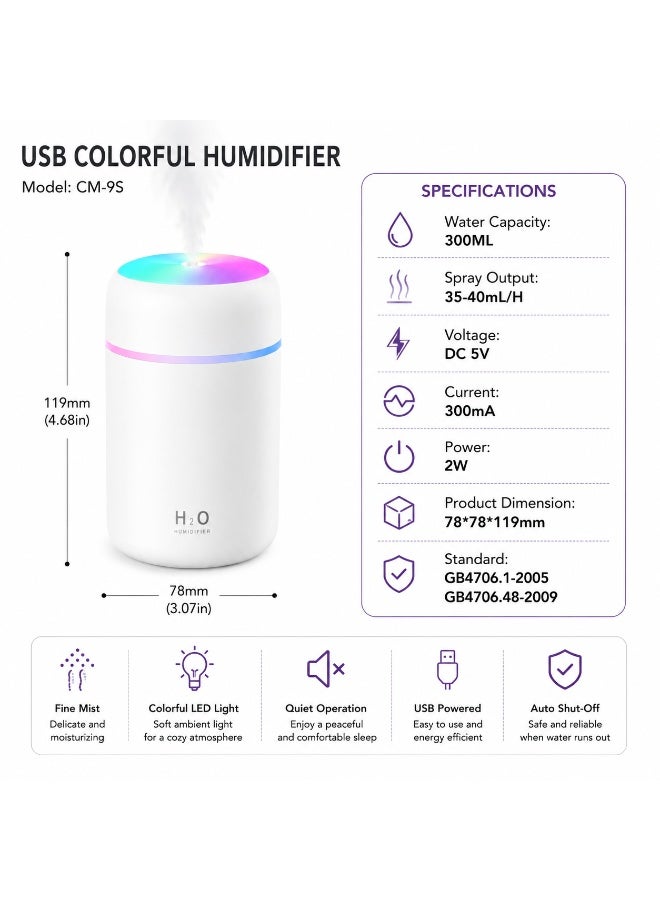 اتش 2 او فواحة زيوت عطرية USB سعة 300 مل لون أبيض مع إضاءة LED ملونة ورذاذ نانوي – قطعة واحدة - Image 2