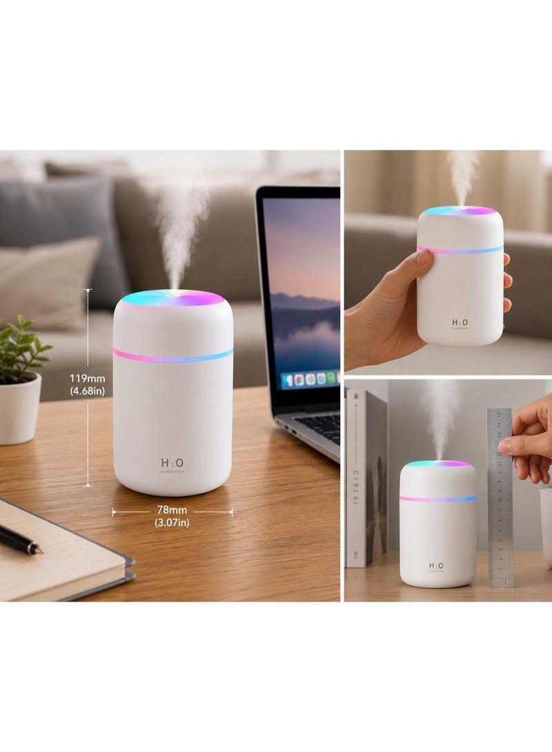 اتش 2 او فواحة زيوت عطرية USB سعة 300 مل لون أبيض مع إضاءة LED ملونة ورذاذ نانوي – قطعة واحدة - Image 3