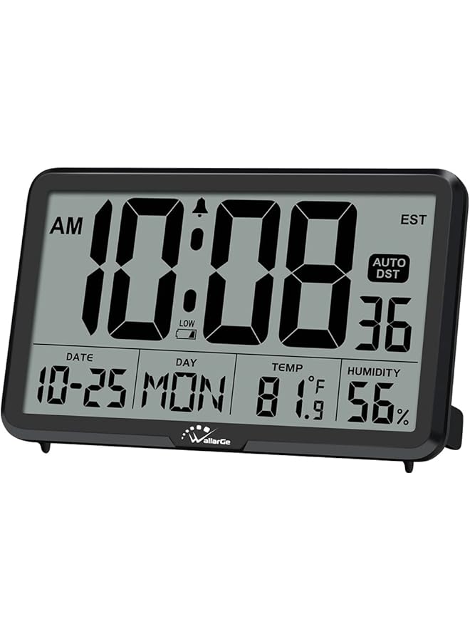 The Bros ساعة حائط رقمية تعمل بالبطارية، ساعات مكتبية مع درجة الحرارة والرطوبة والتاريخ، ساعة منبه رقمية بتقويم كبير لكبار السن، غرفة النوم، المكتب، 8 مناطق زمنية، التوقيت الصيفي التلقائي. - Image 1