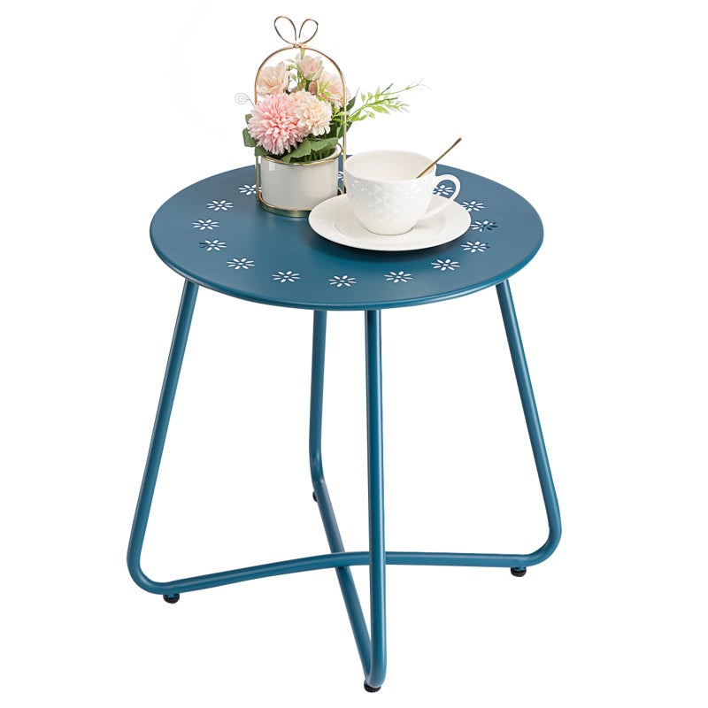 danpinera danpinera Outdoor Side Tables with Flower Cut Outs Weather Resistant Steel Patio Side Table Small Round Outdoor End Table Metal Side Table for Patio Yard Balcony Garden Navy Blue