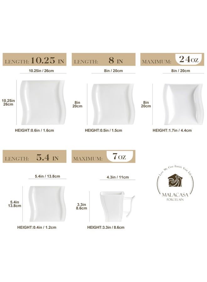 MALACASA Ivory White Dinnerware Sets, 30-Piece Porcelain Plates and Bowls Sets, Modern Dish Set for 6, Square Plates Dinnerware Set Kitchen Dishware Sets, Microwave and Dishwasher Safe, Series Flora - Image 2