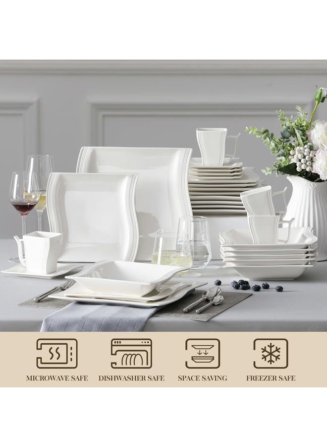 MALACASA Ivory White Dinnerware Sets, 30-Piece Porcelain Plates and Bowls Sets, Modern Dish Set for 6, Square Plates Dinnerware Set Kitchen Dishware Sets, Microwave and Dishwasher Safe, Series Flora - Image 4