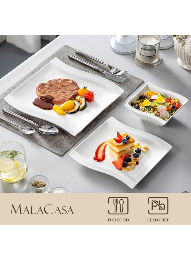 MALACASA Ivory White Dinnerware Sets, 30-Piece Porcelain Plates and Bowls Sets, Modern Dish Set for 6, Square Plates Dinnerware Set Kitchen Dishware Sets, Microwave and Dishwasher Safe, Series Flora - Image 3