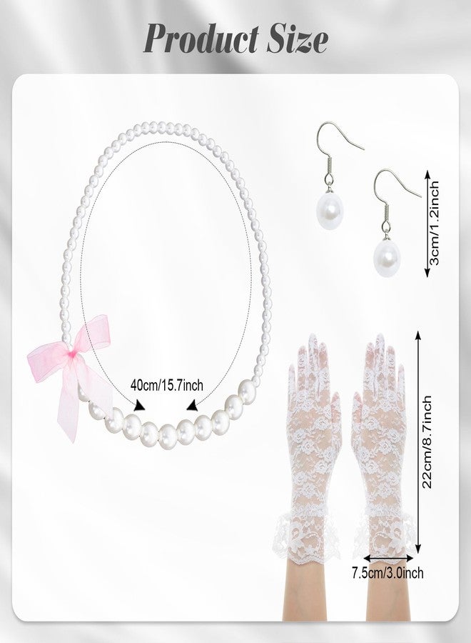 Fumwase 5 Pcs Tea Party Supplies Garden Party Gloves Hats Necklace Earrings Fancy Party Accessories Tea Party Wedding Costume (White) - Image 2