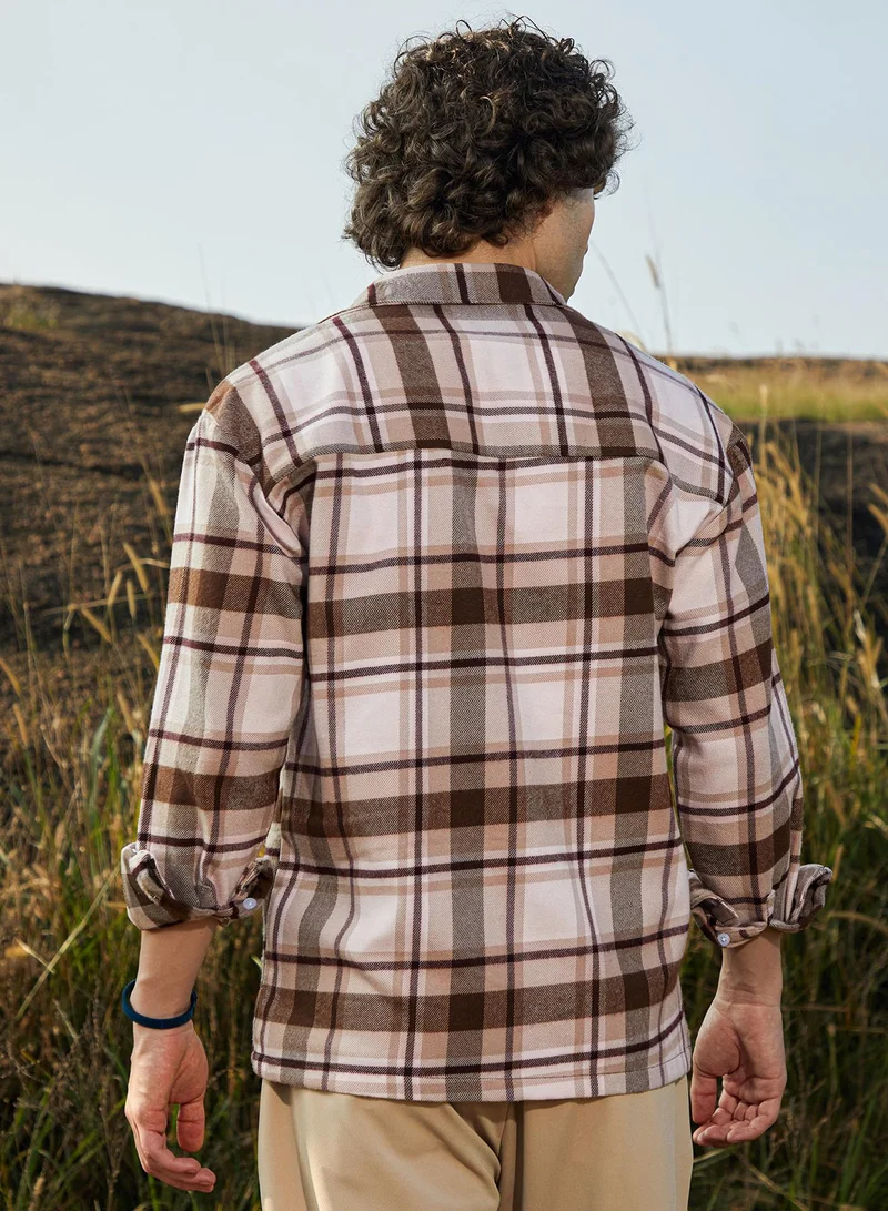 Campus Sutra Men's Saltbox Beige & Pecan Brown Tartan Utility Shacket