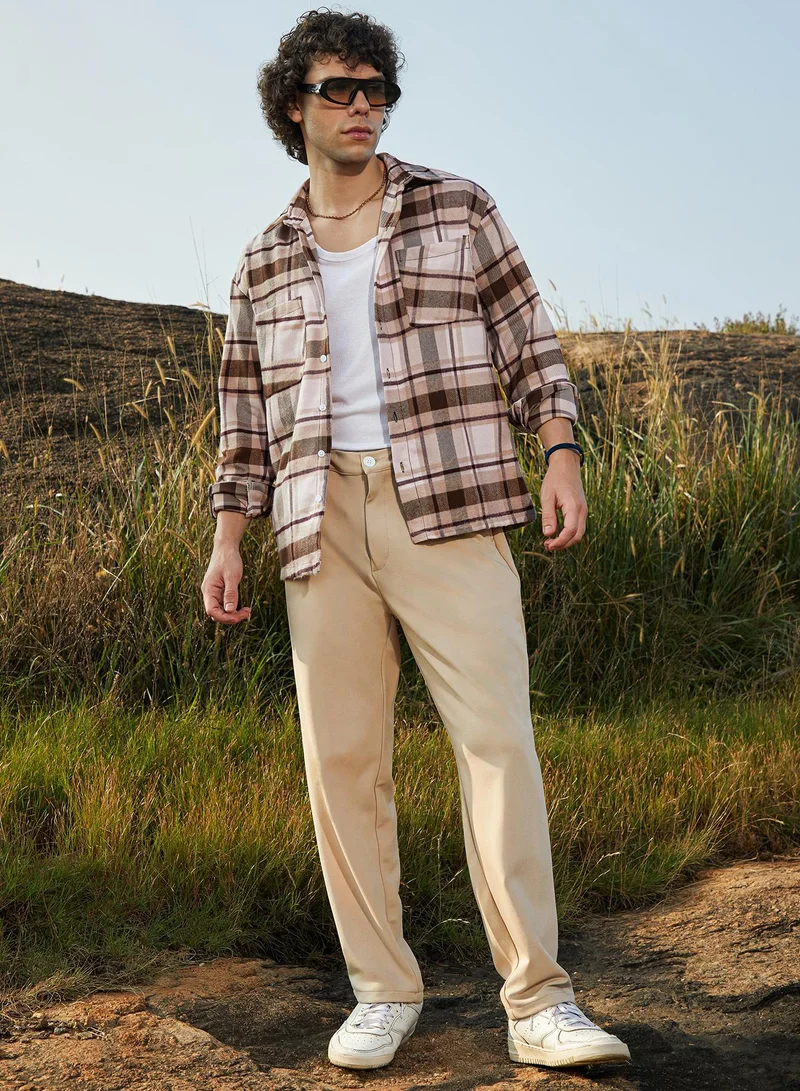 Campus Sutra Men's Saltbox Beige & Pecan Brown Tartan Utility Shacket