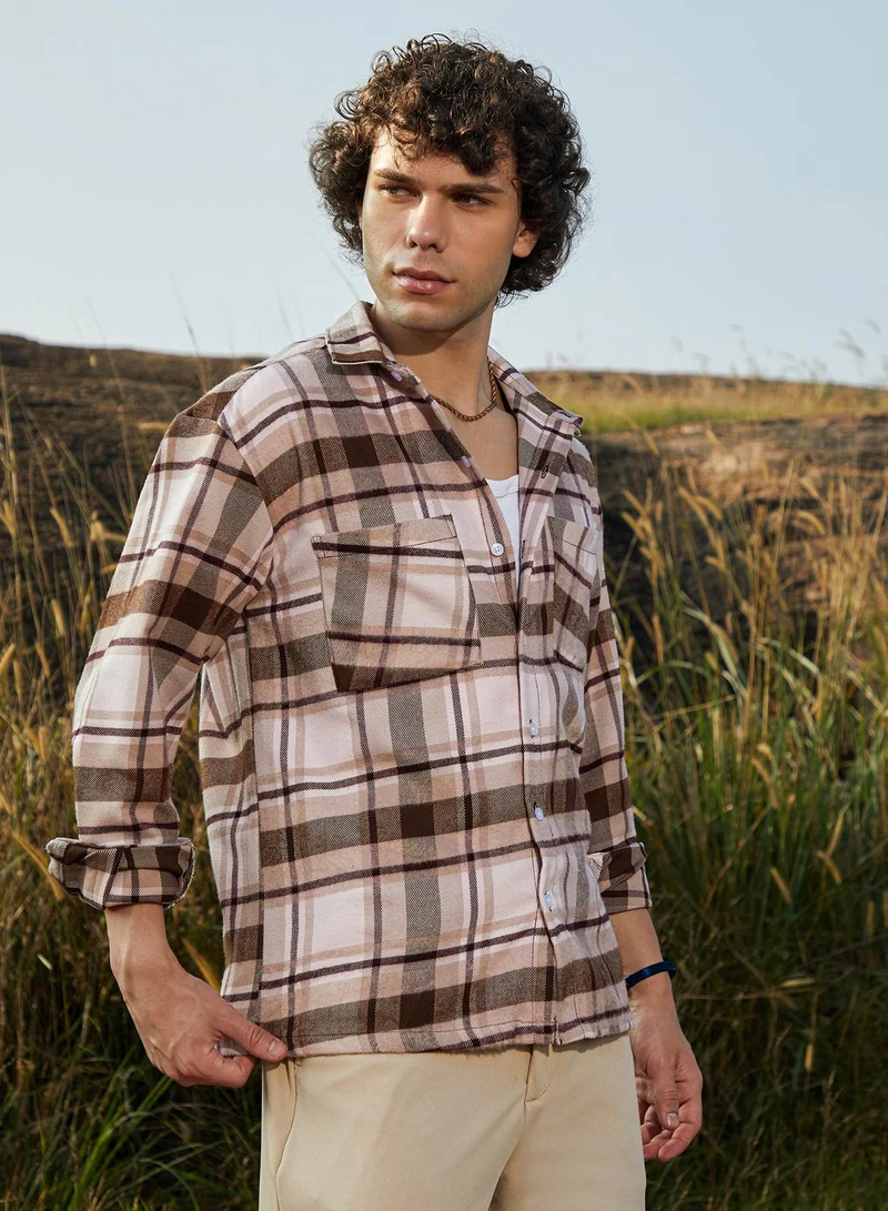 Campus Sutra Men's Saltbox Beige & Pecan Brown Tartan Utility Shacket