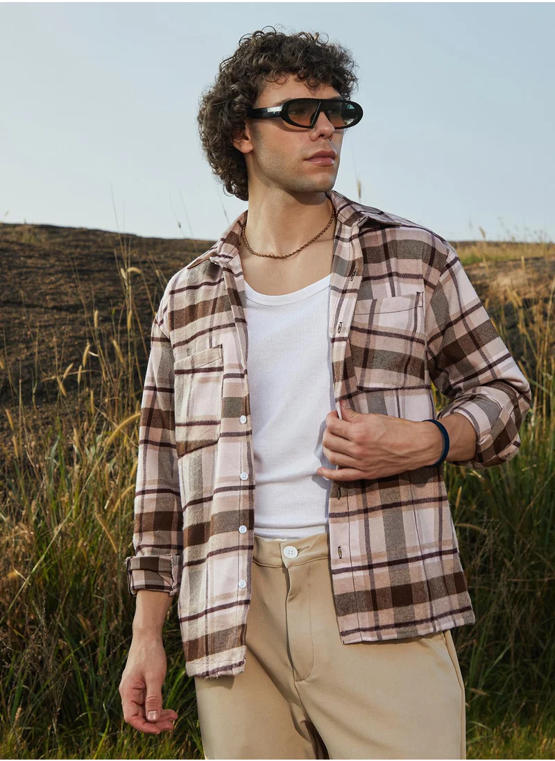 كامبوس سوترا Men's Saltbox Beige & Pecan Brown Tartan Utility Shacket