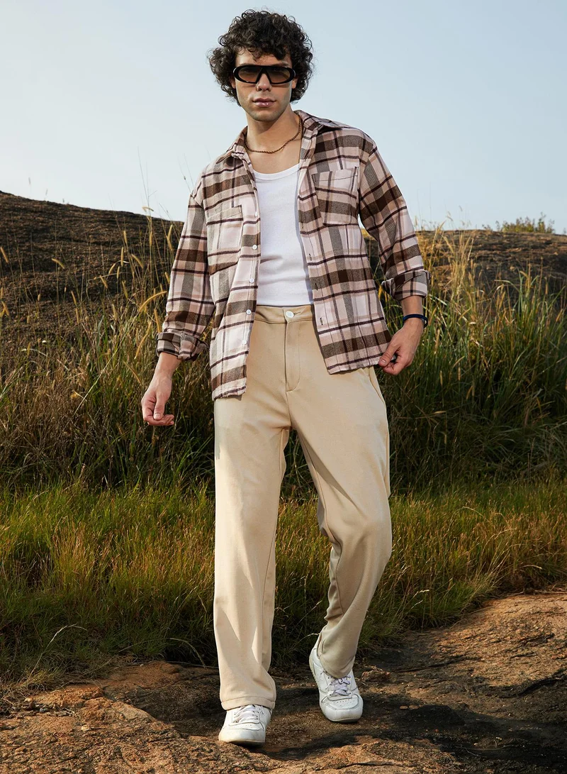 Campus Sutra Men's Saltbox Beige & Pecan Brown Tartan Utility Shacket