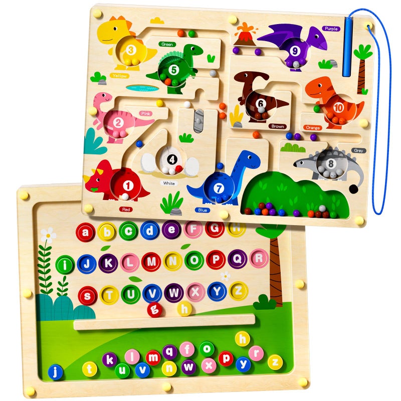 Umereact 2 In 1 Magnetic Color And Number Maze Double-Sided Abc Alphabet Puzzles Board Magnet Dinosaur Counting Maze Preschool Learning Montessori Education 3 4 5 Years Toys - Image 1