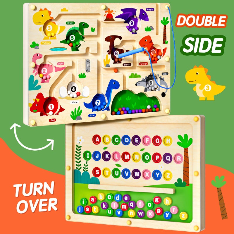 Umereact 2 In 1 Magnetic Color And Number Maze Double-Sided Abc Alphabet Puzzles Board Magnet Dinosaur Counting Maze Preschool Learning Montessori Education 3 4 5 Years Toys - Image 2