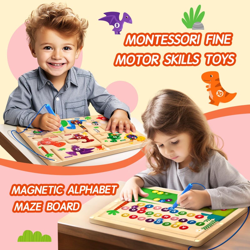 Umereact 2 In 1 Magnetic Color And Number Maze Double-Sided Abc Alphabet Puzzles Board Magnet Dinosaur Counting Maze Preschool Learning Montessori Education 3 4 5 Years Toys - Image 3