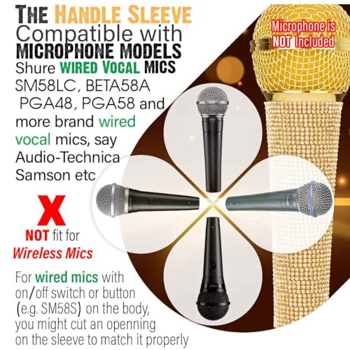 RhymKawa B58 Champagne Gold Cover Decorate Universal Wired Microphone SM58LC, Beta 58a, Glitter Rhinestones Sleeve Replacement Shining on Wedding Party Tours TV Shows - Image 3