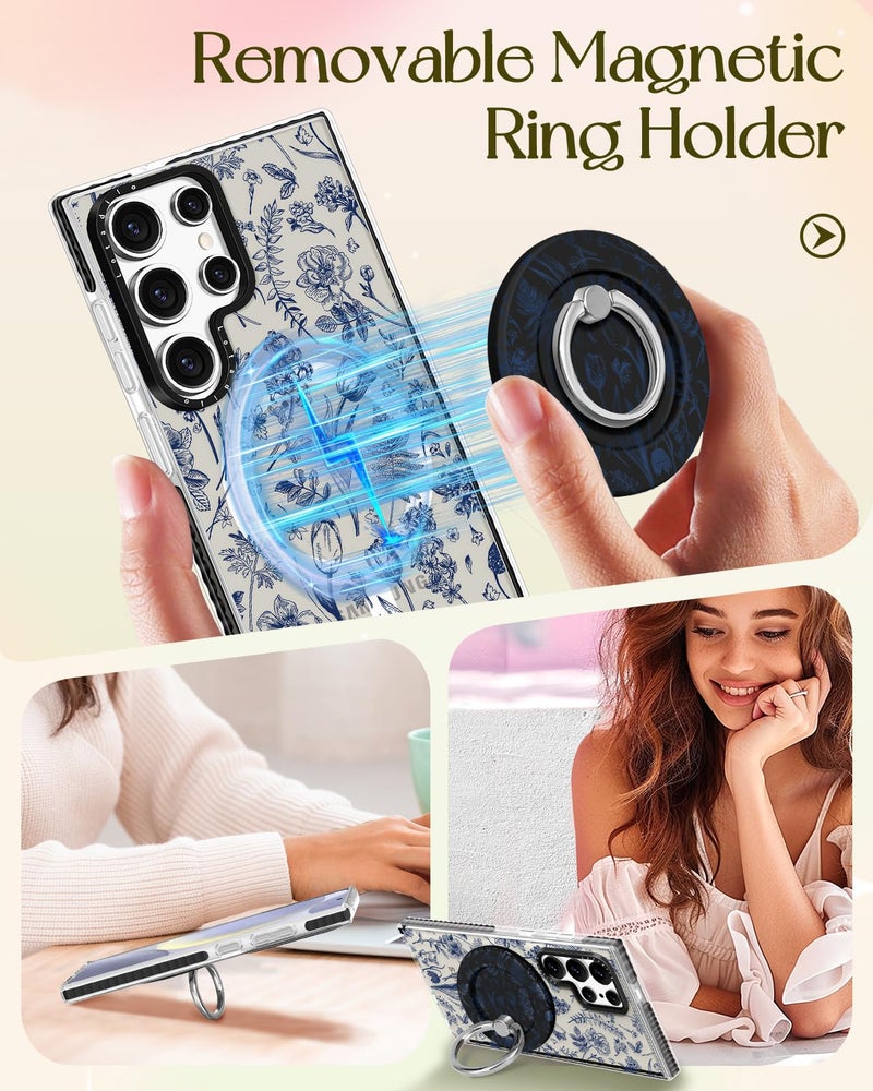 Lotadilo Cute Case for Samsung Galaxy S25 Ultra for Women Girls - Funny Blue Line Flower Design Compatible with Magsafe Magnetic Ring Holder Kickstand Fashion TPU Phone Covers - Image 4
