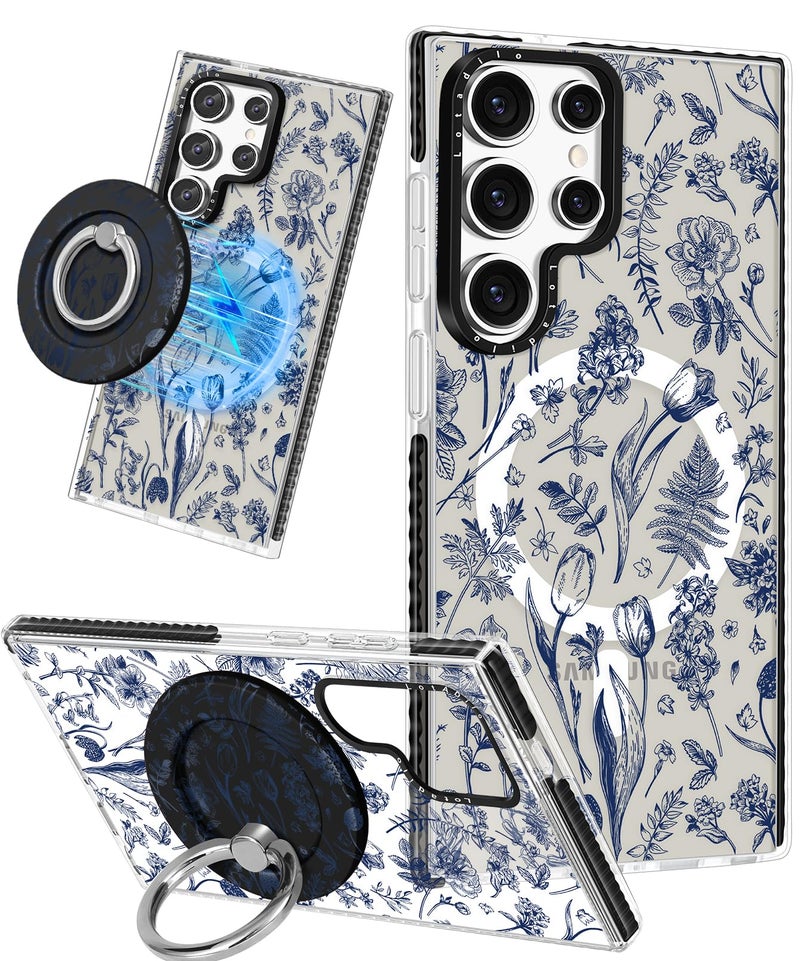 Lotadilo Cute Case for Samsung Galaxy S25 Ultra for Women Girls - Funny Blue Line Flower Design Compatible with Magsafe Magnetic Ring Holder Kickstand Fashion TPU Phone Covers - Image 1