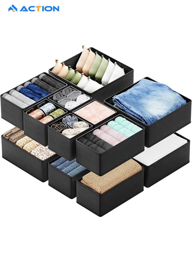 أكشن منظم أدراج للملابس، مجموعة من 12 صندوق منظم للأدراج لتخزين وتنظيم الملابس في الحضانة والخزانة، فواصل لتخزين الملابس وملابس الأطفال والملابس الداخلية والجوارب (باللون الأسود). - Image 1