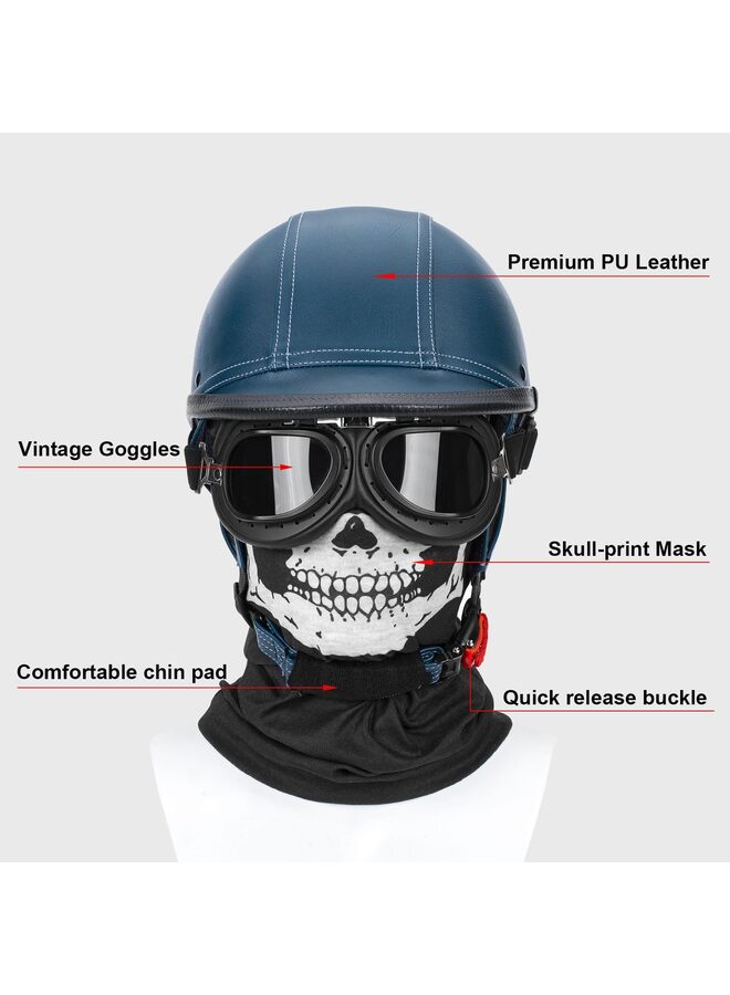Handmade Leather Motorcycle Helmet Retro Half Face Helmet for Adults Men and Women, Lightweight Open Face 1/2 Vintage Helmets for Moped Cruiser Scooter (Blue XXXL) - Image 4