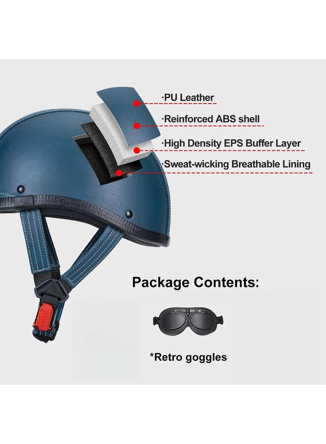 Handmade Leather Motorcycle Helmet Retro Half Face Helmet for Adults Men and Women, Lightweight Open Face 1/2 Vintage Helmets for Moped Cruiser Scooter (Blue XXXL) - Image 2