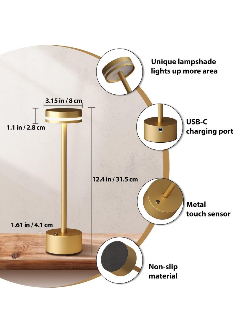 Beauenty - Modern LED Rechargeable Cordless Table Lamp with Touch Sensor, Aluminum Shell,  3 Levels Brightness, USB-C Charging Port, Portable Metal Bedside Lamp (Gold) - Image 1