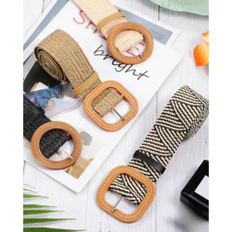 WILLBOND 4 Pcs Women's Elastic Raffia Woven Belt, Boho Rattan Buckle Stretch Straw Wide Waist Belt for Dresses Jeans Pants - Image 5