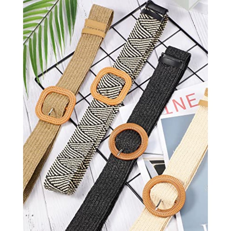 WILLBOND 4 Pcs Women's Elastic Raffia Woven Belt, Boho Rattan Buckle Stretch Straw Wide Waist Belt for Dresses Jeans Pants - Image 4