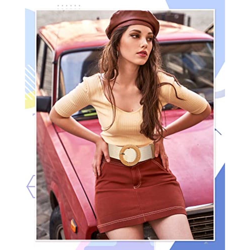 WILLBOND 4 Pcs Women's Elastic Raffia Woven Belt, Boho Rattan Buckle Stretch Straw Wide Waist Belt for Dresses Jeans Pants - Image 2