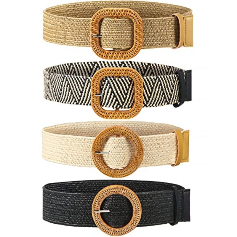 WILLBOND 4 Pcs Women's Elastic Raffia Woven Belt, Boho Rattan Buckle Stretch Straw Wide Waist Belt for Dresses Jeans Pants - Image 1