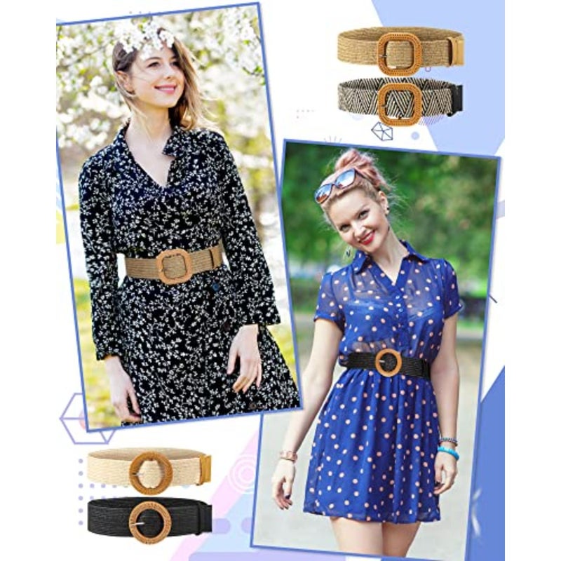 WILLBOND 4 Pcs Women's Elastic Raffia Woven Belt, Boho Rattan Buckle Stretch Straw Wide Waist Belt for Dresses Jeans Pants - Image 3